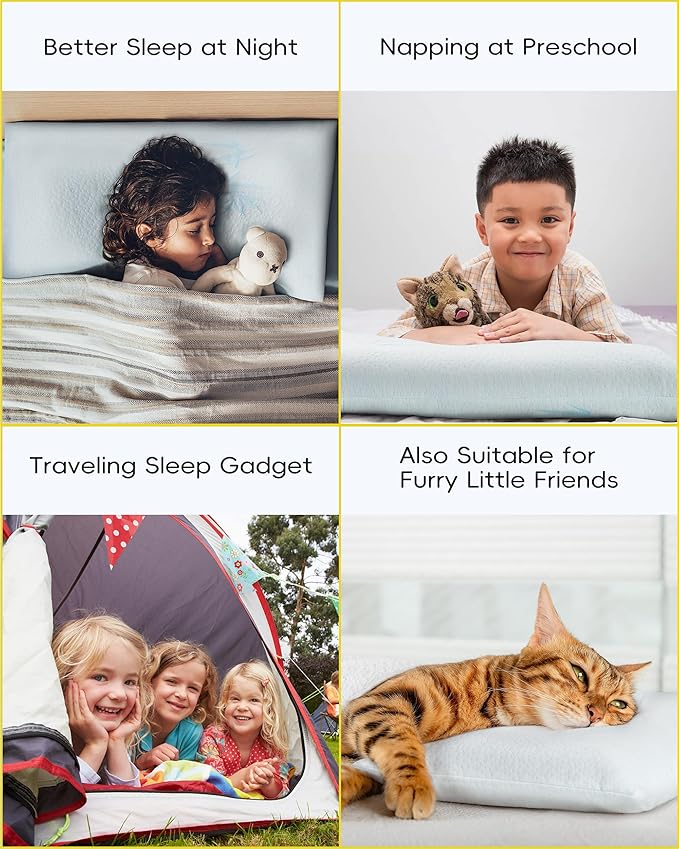 Toddler Pillow, Adjustable Memory Foam Small/Mini Pillow for Toddler 2 Years & Above, for Kids Sleeping, Napping or Traveling, Washable No Zipper Pillowcase, 13” x 18”, Blue