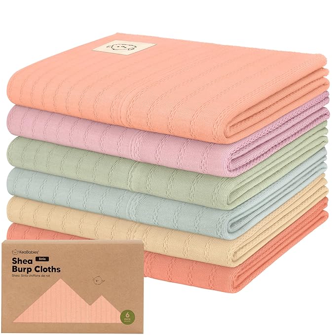 KeaBabies Organic Cotton Burp Cloths Baby Girl, Boy - 6-Pack Large Burping Clothes for Babies, Spit Up Rags, Super Soft & Absorbent Newborn Wash Towels, Gender Neutral,Non-Shrink (Stria, Muted Pastel)