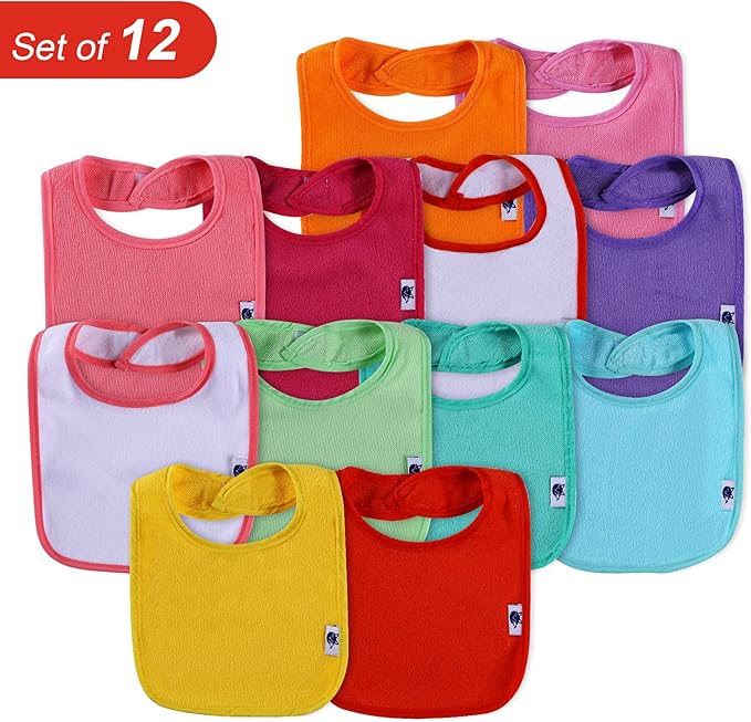 12 Pack Terry Drool Cotton Bibs, Unisex Baby Bibs with Fiber Filling Waterproof for Feeding, Teething, Drooling