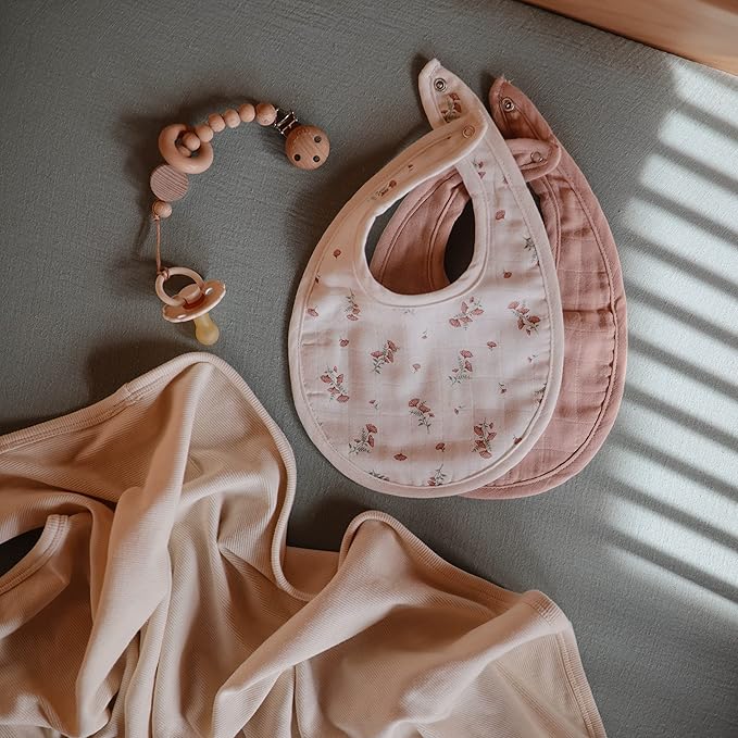 mushie Muslin Baby Bib | Soft Cotton for Infant Drips, Drools & Feedings | Adjustable Fit | 2 Pack