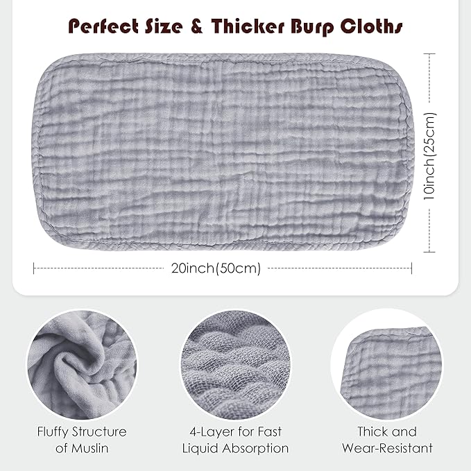 Muslin Burp Cloths 100% Cotton Large 20''x10'' Extra Soft and Absorbent Baby Wash Cloths Spit Up Rags - Baby Burping Cloth for Boys Girls Items(12 Pack Grey)