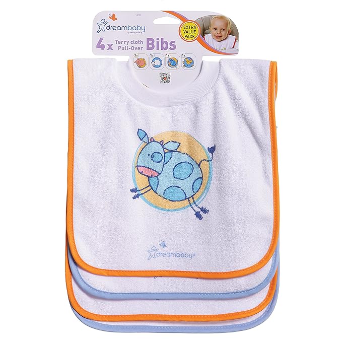 Dreambaby Terry Cloth Cotton Pullover Baby Bibs for Teething Feeding and Drooling - Super Absorbent & Extra Soft - Machine Washable - Farm Animals