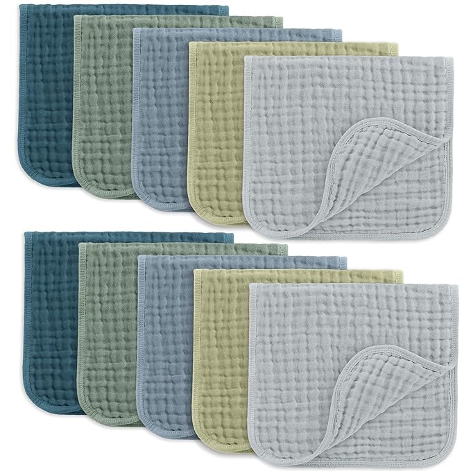 Comfy Cubs Muslin Burp Cloths 20" x 10", Pack of 10 - Large, 6-Layer, Ultra Absorbent 100% Cotton for Baby Drool and Messes - Soft, Safe & Gentle Baby Burp Cloths for Boys & Girls - Multi Boy