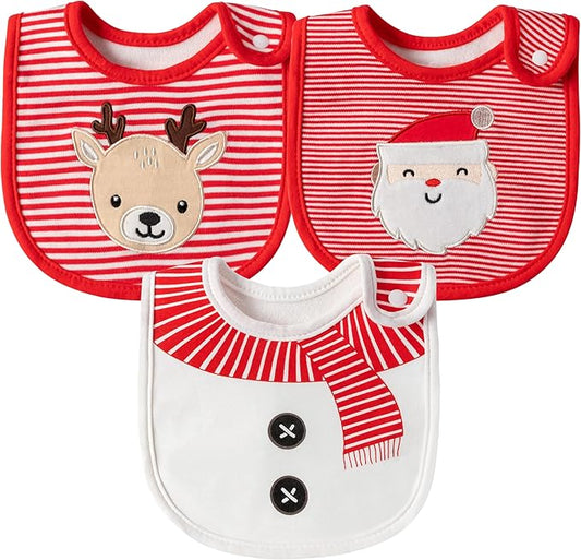 3Pcs Christmas Baby Cotton Bibs with Resin Button Newborn Infant Bibs Christmas Keepsake Baby Gift for Drooling Feeding
