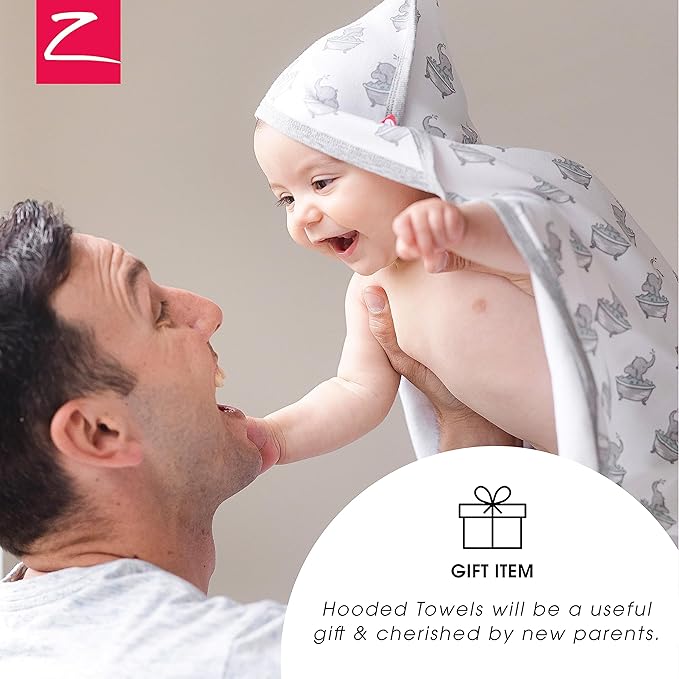Zutano Hooded Baby Towels, Organic Cotton Baby Bath Towel, Ultra Soft and Absorbent Baby Towel for Newborn and Infant | Girl, Boy, and Unisex Towel Set, Elephant Bath Time, 2-Pack