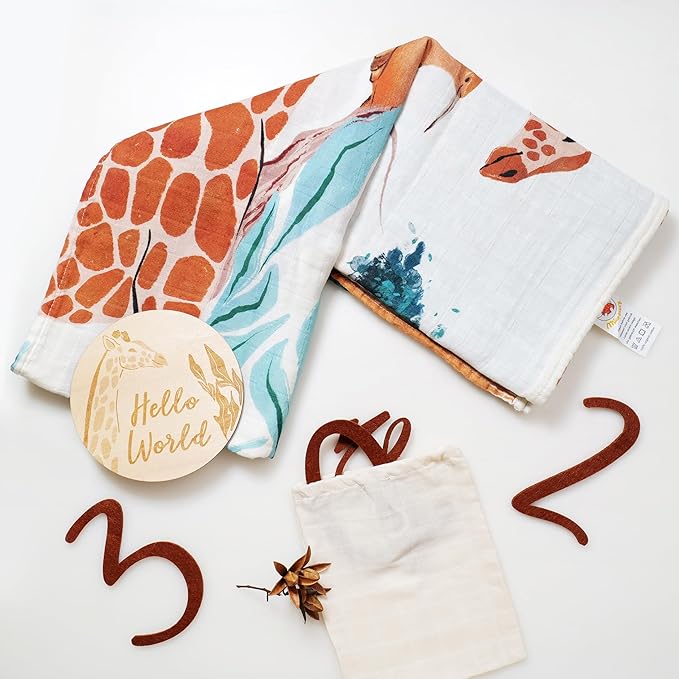 Miaoberry Safari Baby Milestone Blanket, Africa Jungle Theme Monthly Photo Growth Tracker with Giraffe, Lion, Elephant with Hello World Sign