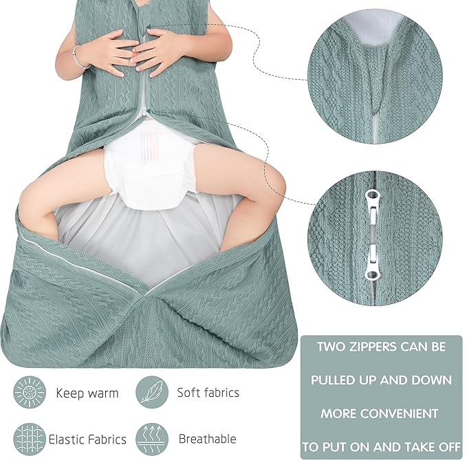 Baby Sleep Sack 12-18 Months, Baby Wearable Blanket 100% Acrylic knit 2-Way Zipper Toddler Sleeping Sack TOG 0.5 (Green)