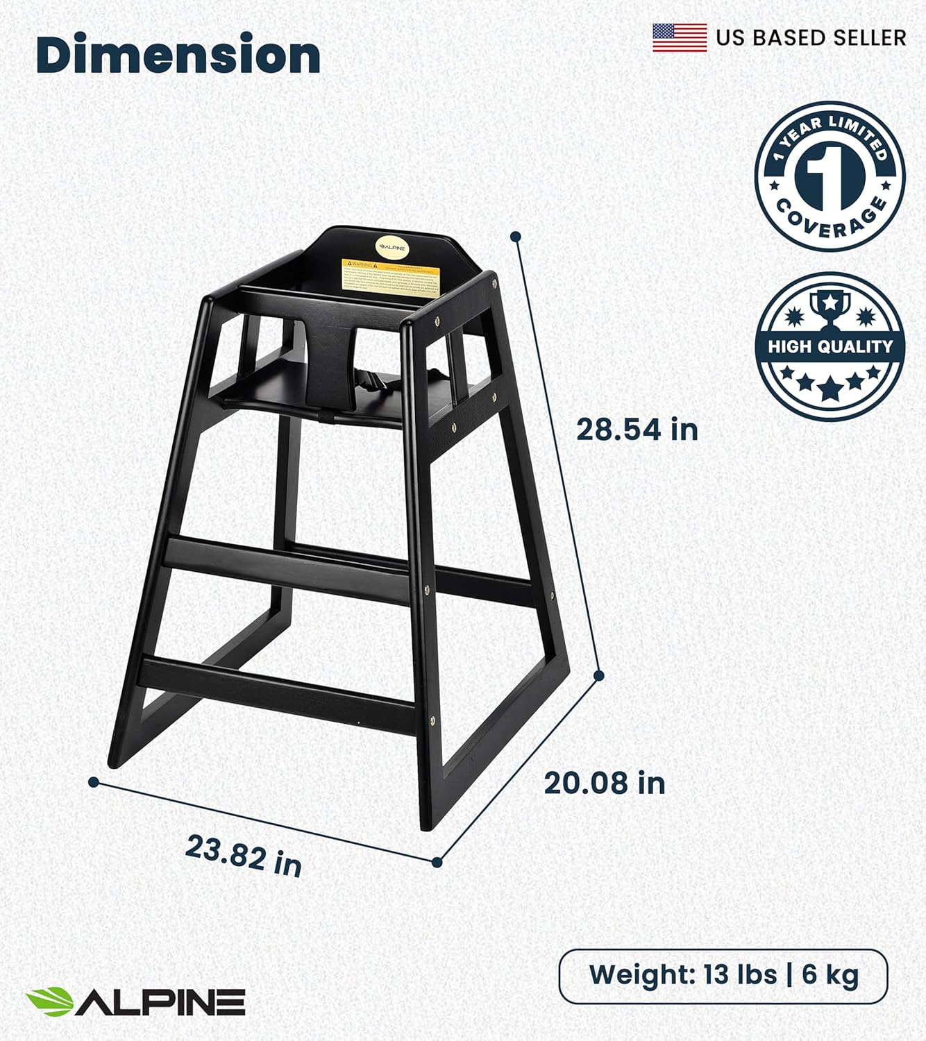 Alpine Wooden High Chairs for Babies and Toddlers with Safety Strap, Commercial Grade Restaurant High Chair, Durable Wood Space Saver Baby Feeding Chair, Ideal for Dining Spaces (2 Pack, Black)