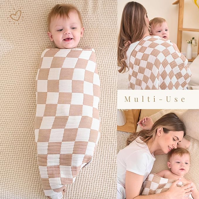 Ultra Soft Muslin Baby Blanket,A Versatile Swaddle and Bed Blanket for Babies, Toddlers, Boys, and Girls (1 Coffee Checkered 1 Pack).