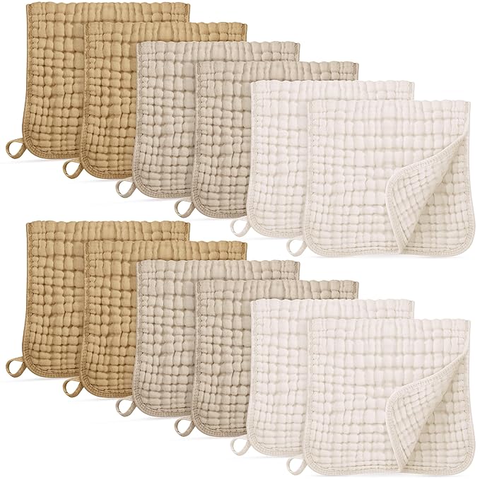 Muslin Burp Cloths for Baby 100% Cotton Burping Cloths for Boys Girls Large 20''X10'' Extra Soft and Absorbent 12 Pack - Gradient Khaki