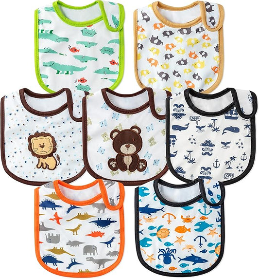7Pcs Cotton Waterproof Baby Bibs Hook Loop Closure Newborn Bib Keepsake Baby Gift for Drooling Feeding Eating