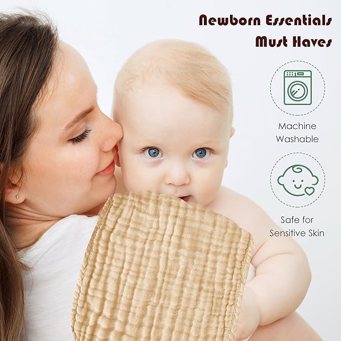 Muslin Burp Cloths 100% Cotton Large 20''x10'' Extra Soft and Absorbent Baby Wash Cloths Spit Up Rags - Baby Burping Cloth for Boys Girls Items(12 Pack Brown)