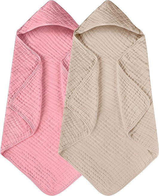 Yoofoss Hooded Baby Towels for Newborn 2 Pack 100% Muslin Organic Cotton Baby Bath Towel with Hood for Babies, Infant, Toddler and Kids, 32x32Inch, Soft and Absorbent Newborn Essential,Bge& Bean Paste