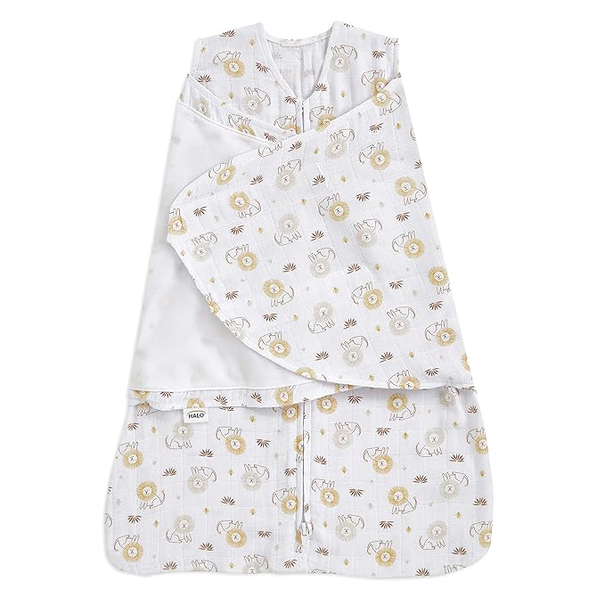 HALO 100% Cotton Muslin Sleepsack Swaddle, 3-Way Adjustable Wearable Blanket, TOG 1.5, Lions, Newborn, 0-3 Months