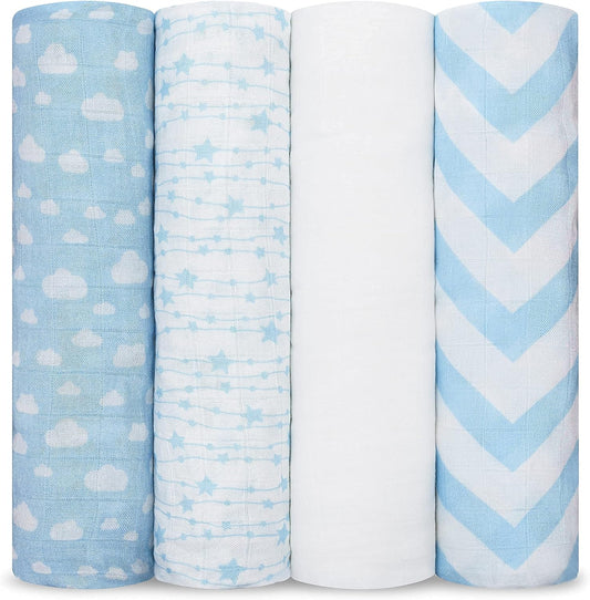Comfy Cubs Muslin Swaddle Blankets Pack of 4, 47 x 47 Inches, Soft Cotton Baby Blanket Set, Large Multipurpose Swaddling Wraps for Newborns - Self-Soothing Swaddle - Blue