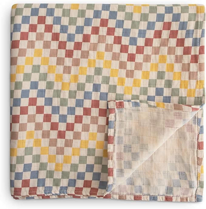 mushie Muslin Baby Swaddle Blanket | 100% Organic Cotton (Retro Check)