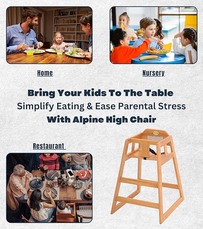 Alpine Wooden High Chairs for Babies and Toddlers with Safety Strap, Commercial Grade Restaurant High Chair, Durable Wood Space Saver Baby Feeding Chair, Ideal for Dining Spaces (2 Pack, Oak)
