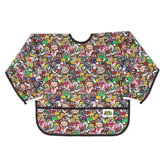 Bumkins Sleeved Bib for Girl or Boy, Baby and Toddler for 6-24 Mos, Essential Must Have for Eating, Feeding, Baby Led Weaning Supplies, Long Sleeve Mess Saving Food Catcher, Nintendo Super Mario