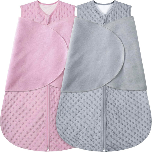 Fleece Newborn Sleep Sack Baby Swaddle,3-Way Adjustable Wearable Blanket,2 Pack Fleece Swaddling Sleeping Bag TOG 2.0， (Gray & Pink, 0-3 Months)