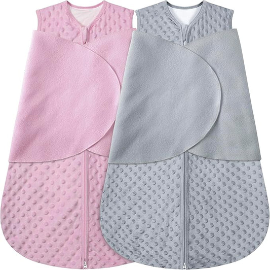 Fleece Newborn Sleep Sack Baby Swaddle,3-Way Adjustable Wearable Blanket,2 Pack Fleece Swaddling Sleeping Bag TOG 2.0， (Gray & Pink, 3-6 Months)