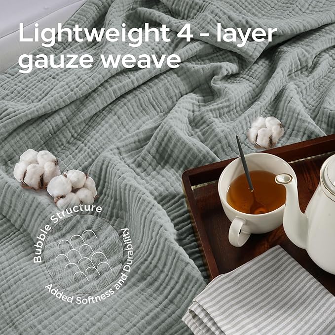 Threadmill Summer Muslin King Blanket | Lightweight Blanket for Bed or Couch | 4 Layer 100% Cotton Gauze | Soft, Breathable, and Cozy for All Seasons | Fits Cal King Size Bed | Scottish Grey