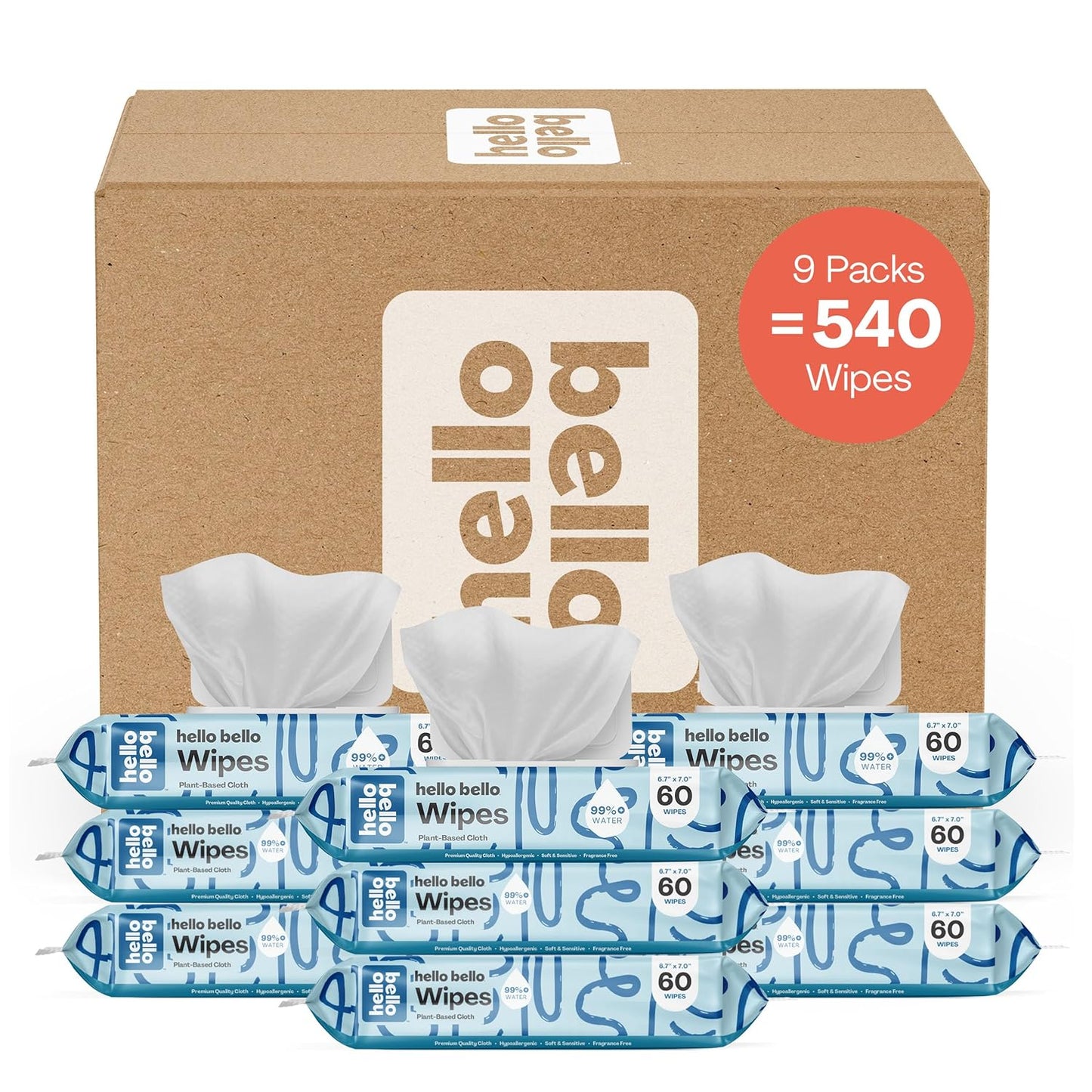 Hello Bello Extra Gentle Unscented Baby Wipes, Plant Based, Made with 99% Water and Aloe for Babies and Kids, 60 Count (Pack of 9) Total 540 Count
