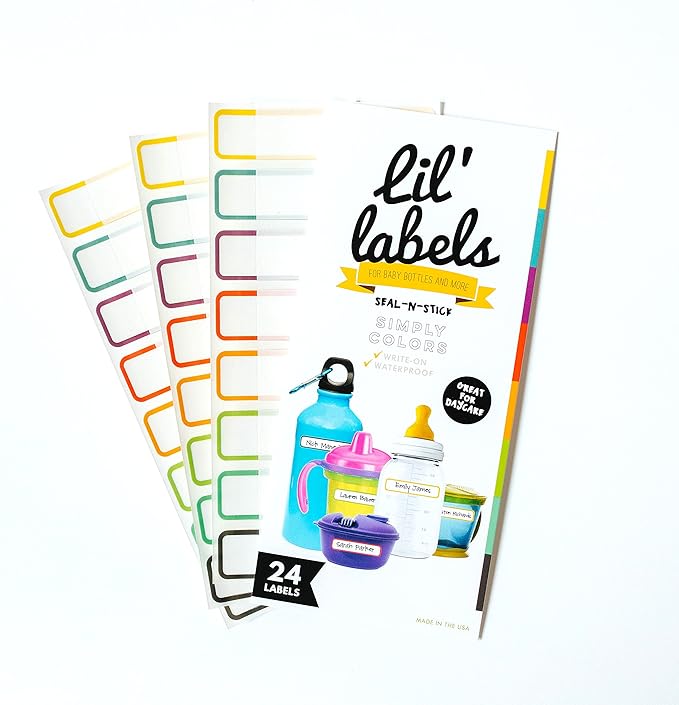 Removeable, Write-On Food Bottle Labels, Write-On, Self-Laminating, Freezer Safe Waterproof Kids Name Labels for Baby Bottles, Sippy Cup for Daycare School, Dishwasher Safe (Simply Colors, Set of 2)