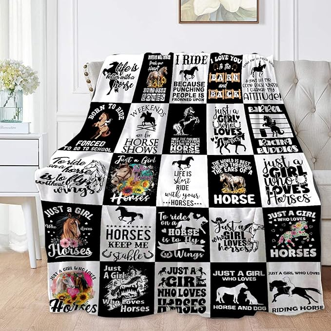 Horse Blanket for Baby Girls Black White Throw Blanket for Boys, Lightweight Animals Soft Flannel Blankets for Kids Gifts, 30x40 Inches