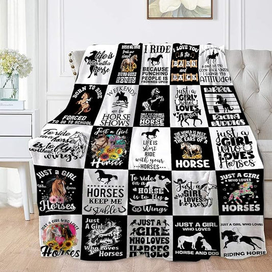 Horse Blanket for Baby Girls Black White Throw Blanket for Boys, Lightweight Animals Soft Flannel Blankets for Kids Gifts, 30x40 Inches
