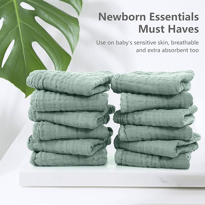 SWEET DOLPHIN 12 Pack Muslin Burp Cloths Large 100% Cotton Hand Washcloths for Baby - Baby Essentials Extra Absorbent and Soft Boys & Girls Milk Spit Up Rags - Dark Green, 20" X10"