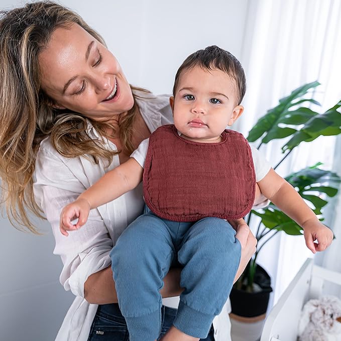 Comfy Cubs Muslin Bibs for Babies, Pack of 8 - Soft and Highly Absorbent, Feeding, Drool and Teething Bib, Adjustable Snaps - Stylish & Colorful Unisex Designs, Giftable Set - Wine