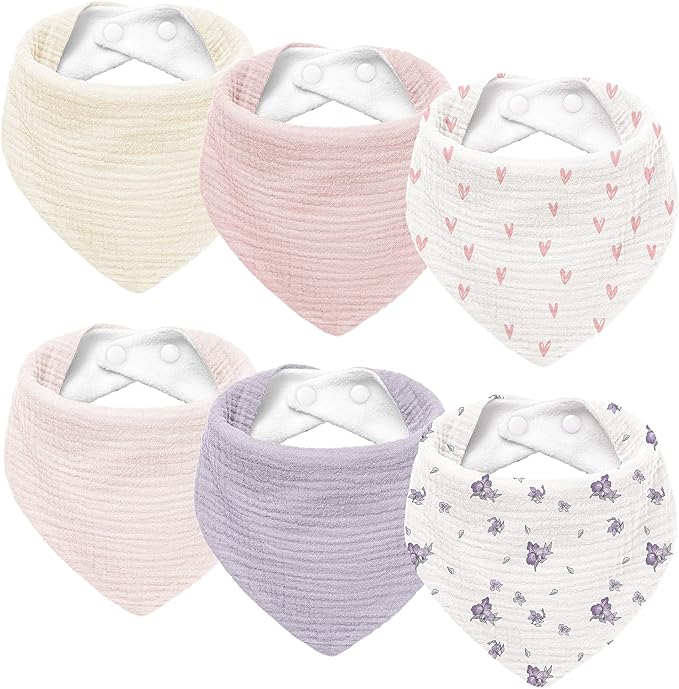 Susurration Muslin Baby Drool Bibs 6Pack Soft Triangular Adjustable Baby Bandana Bibs for Unisex Baby Girls & Boys