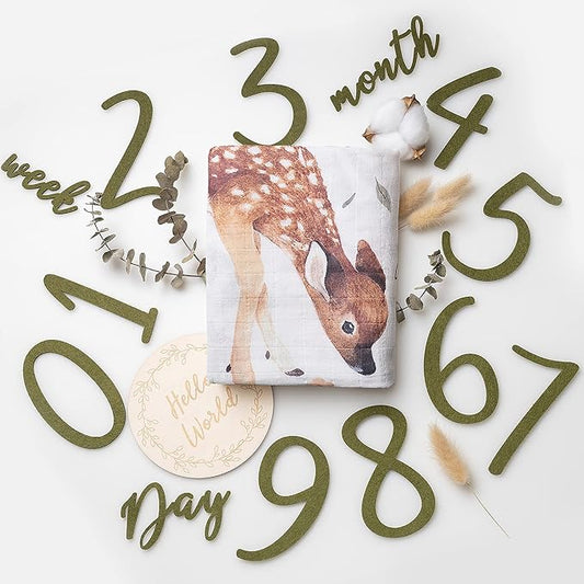 100% Organic Cotton Muslin Monthly Baby Milestone Blanket with Wooden Hello World Newborn Sign, Newborn Photography Props, Birth Announcement Sign, Woodland