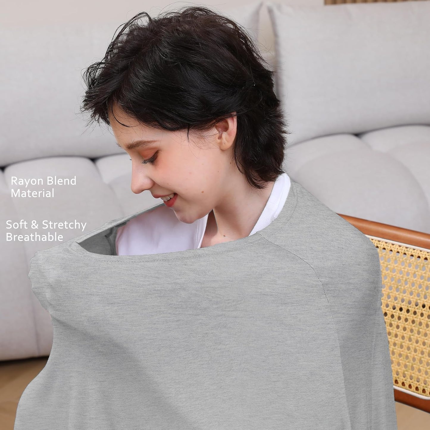 Nursing Cover for Breastfeeding, 360°Full Coverage Nursing Poncho, Rayon Soft & Breathable Breastfeeding Cover up (Smooth Rayon, Knit Grey)