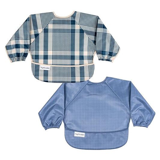 Tiny Twinkle Long Sleeve Bibs for Babies & Toddlers – 2 Pack Waterproof Smock Bibs for Eating – Machine Washable & Mess-Proof, Baby Feeding Essential & Shower Must-Have (Gingham Grid, 6-24M)