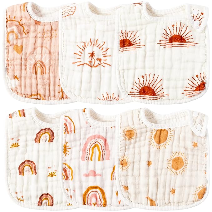 Zainpe 6Pcs Snap Muslin Cotton Bibs for Baby Rainbow Sun Star Adjustable Feeding Bib, Machine Washable Unisex Burp Cloths with 6 Absorbent Soft Layers for Infant Newborn Toddler Drooling Teething