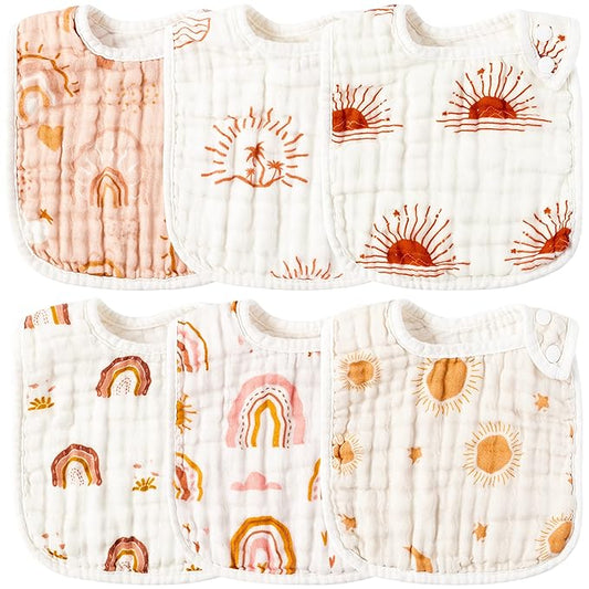 Zainpe 6Pcs Snap Muslin Cotton Bibs for Baby Rainbow Sun Star Adjustable Feeding Bib, Machine Washable Unisex Burp Cloths with 6 Absorbent Soft Layers for Infant Newborn Toddler Drooling Teething