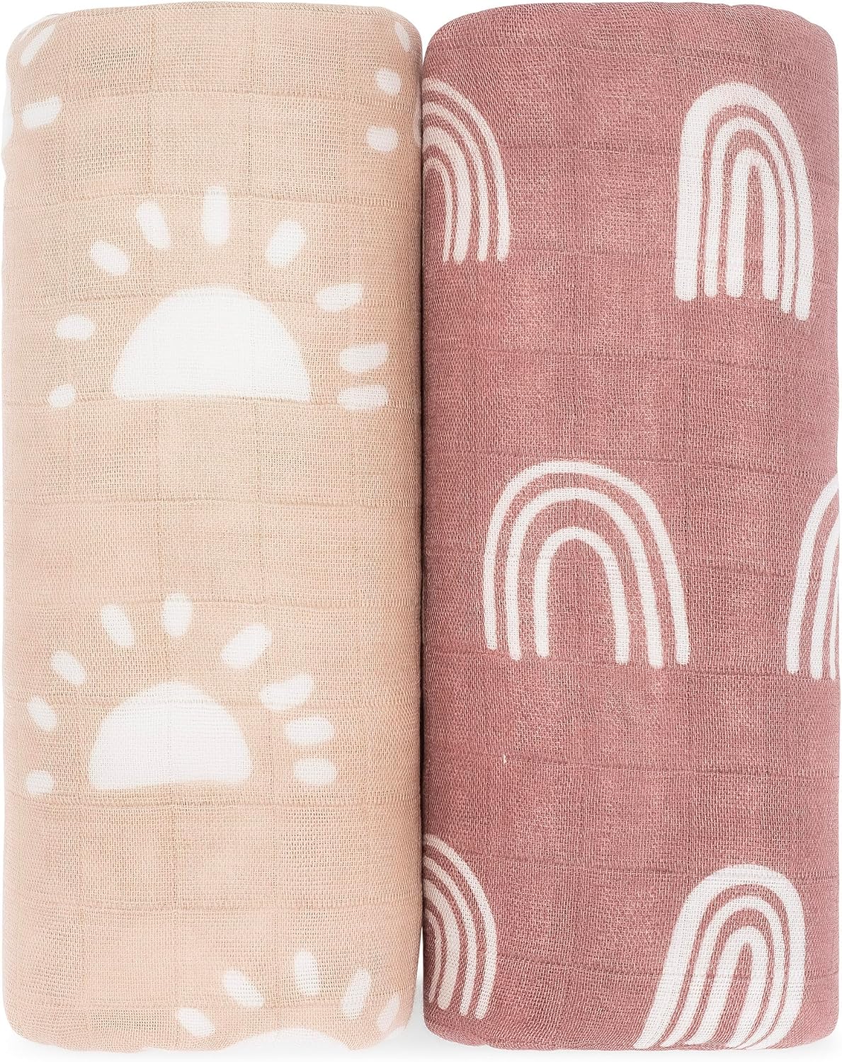 Comfy Cubs Muslin Swaddle Blankets Pack of 2 - 47 x 47 Inch Soft Cotton Baby Blanket Set, Large Multipurpose Wraps for Newborns - Self-Soothing Swaddles for Newborns - Sun & Rainbow