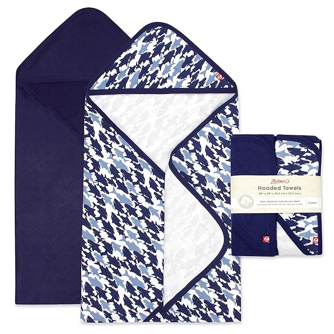 Zutano Hooded Baby Towels, Organic Cotton Baby Bath Towel, Ultra Soft and Absorbent Baby Towel for Newborn and Infant | Girl, Boy, and Unisex Towel Set, Shark Camo, 2-Pack