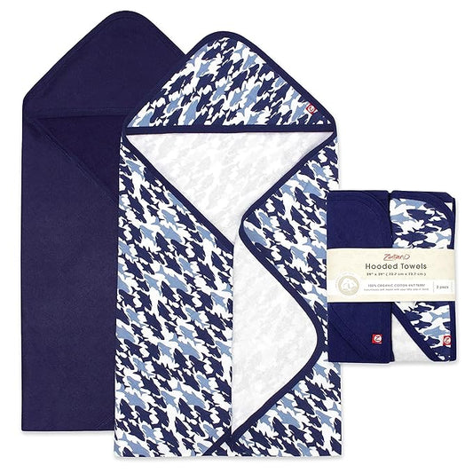 Zutano Hooded Baby Towels, Organic Cotton Baby Bath Towel, Ultra Soft and Absorbent Baby Towel for Newborn and Infant | Girl, Boy, and Unisex Towel Set, Shark Camo, 2-Pack