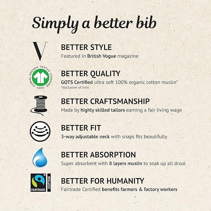 Kishu Baby Indi - Fairtrade Organic Baby Bibs for Girls or Boys - Rounded, 4-Way Reversible, 8 Layer Muslin Drool Bibs