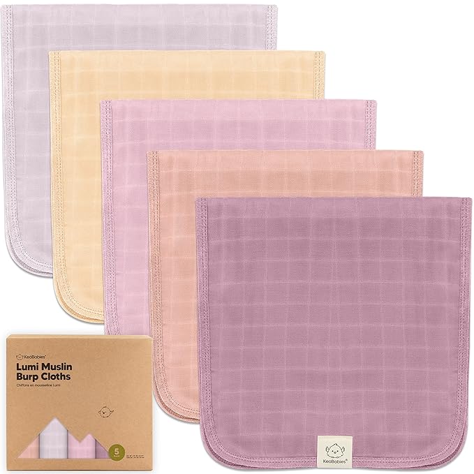 5-Pack Cotton Muslin Burp Cloths Baby Girls, Boys - Soft & Absorbent Spit Up Burp Rags, Large Muslin Towel, Cotton Wash Cloths for Babies, Newborn, Infant, No Shrink,Durable (Lavender)