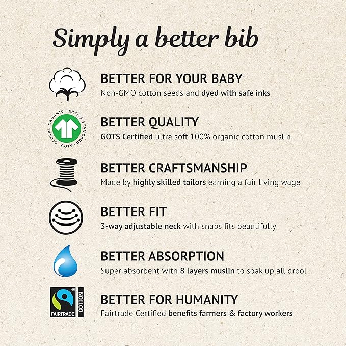 Kishu Baby Indi - Fairtrade Organic Baby Bibs for Girls or Boys - Rounded, 4-Way Reversible, 8 Layer Muslin Drool Bibs