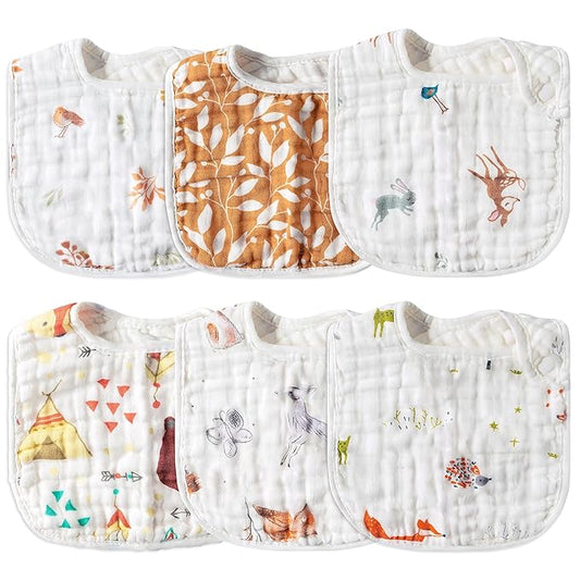Zainpe 6Pcs Snap Muslin Cotton Baby Bibs Owl Fox Leaf Bear Bib with 6 Absorbent & Soft Layers Machine Washable Adjustable Burp Cloth for Infant Girl Boy Toddler Drooling Eating Teething 0 to 24 Months