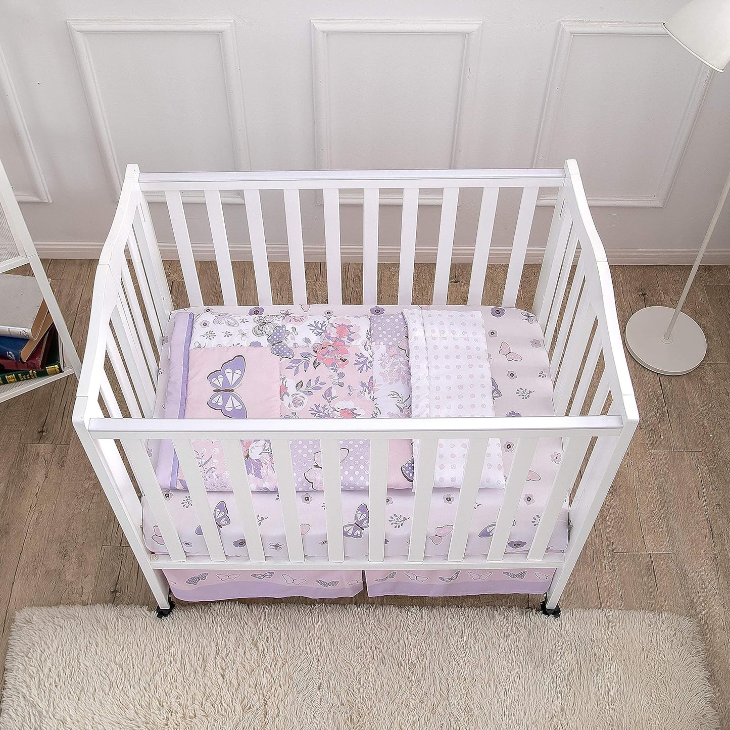La Premura Baby Mini Crib Bedding Set for Girls, Pastel Purple Butterfly, 3 Piece Crib Set for Nursery Portable Crib, Purple and Pink
